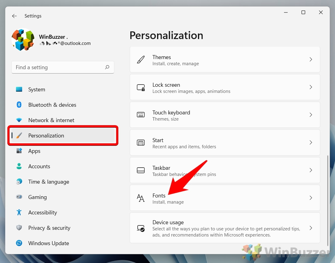Windows 11 - Settings - Personalization - Fonts