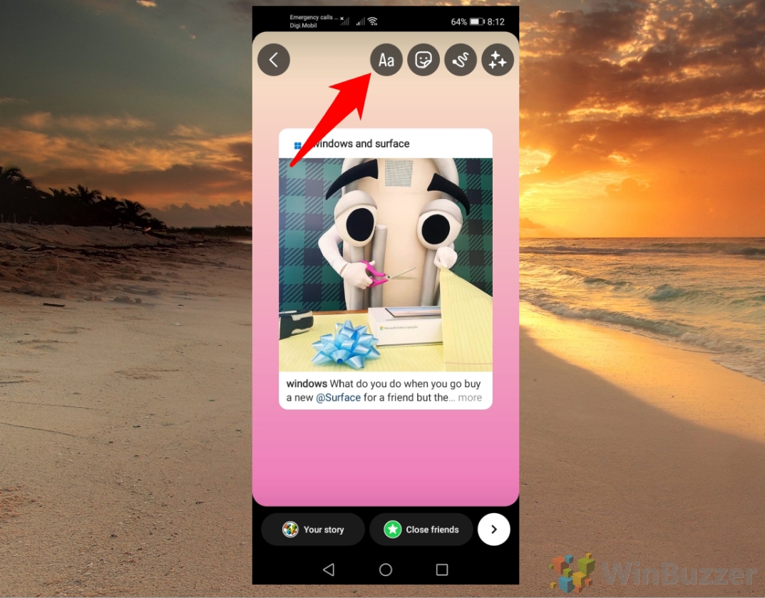Android - Instagram App - Post Share Menu - Add Story - Text Icon