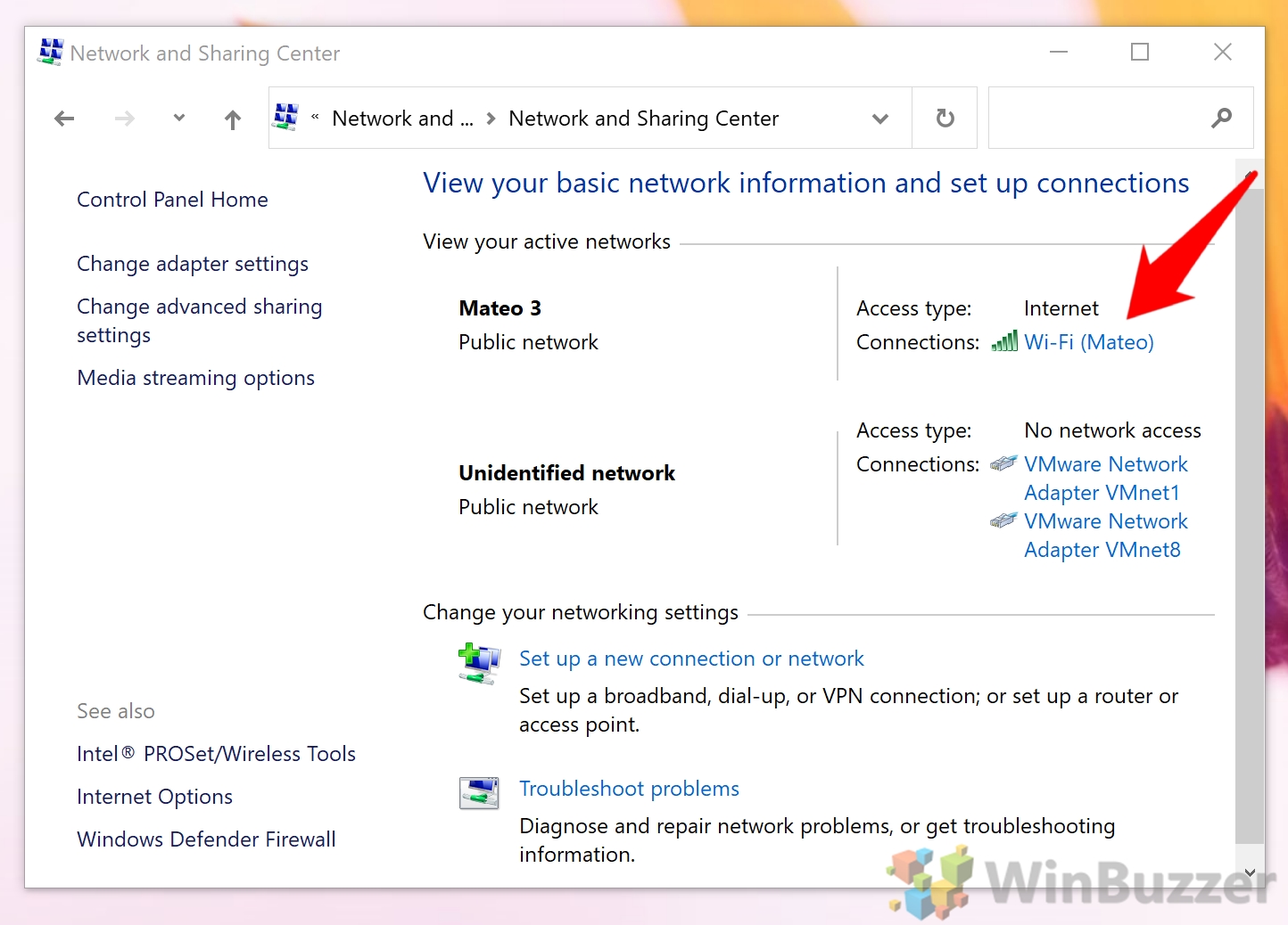 Windows 10 - Control Panel - View Network Status and Tasks - Open Wi-Fi connected
