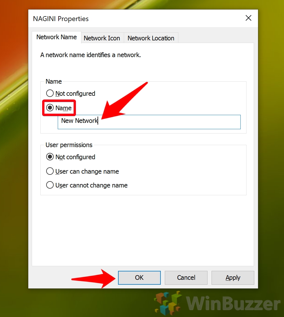 Windows 10 - Local Security Policy - Network List - Nagini Properties - New Name - Accept