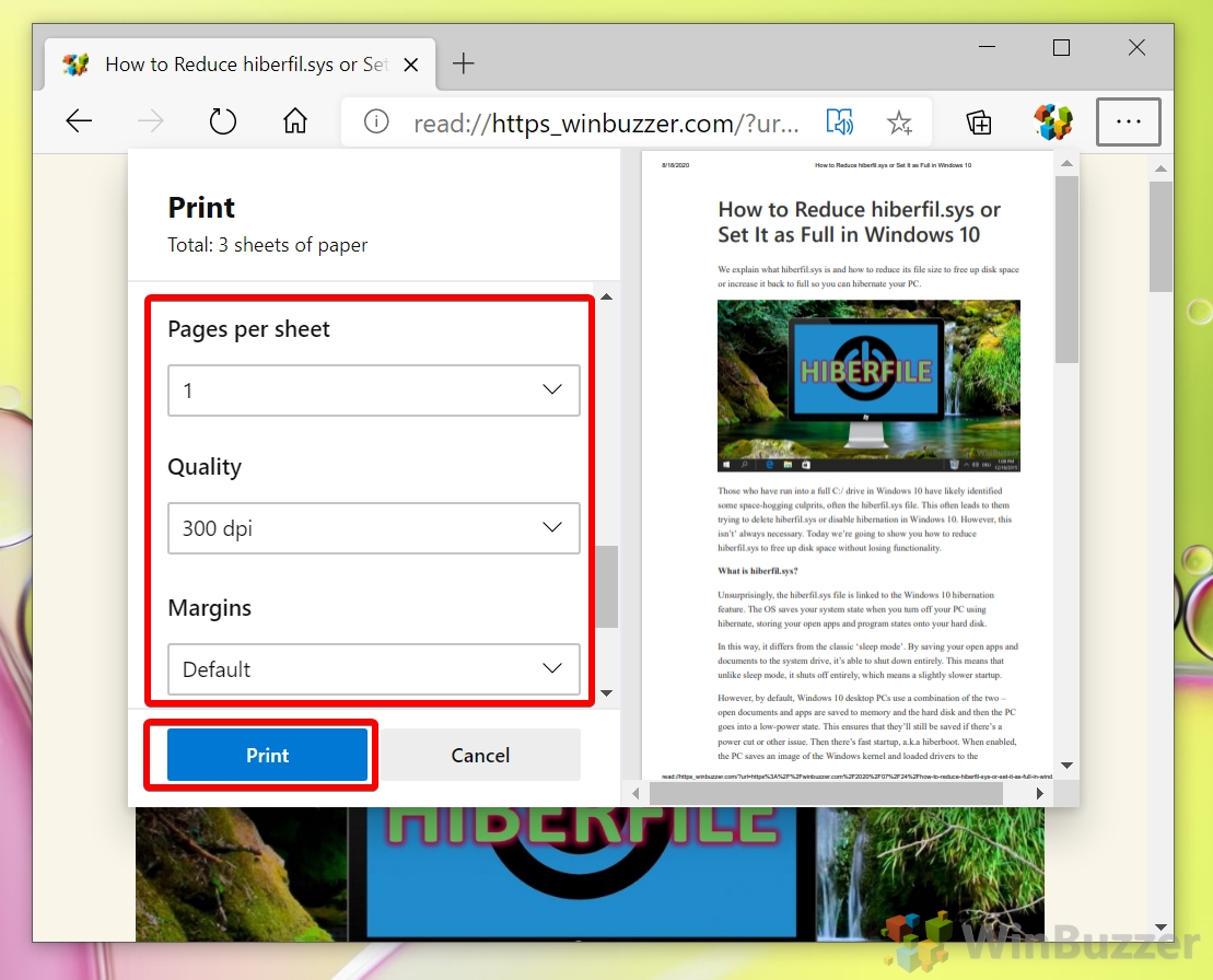 Windows 10 - Microsoft Edge - Print - more settings - pages per sheet Quality