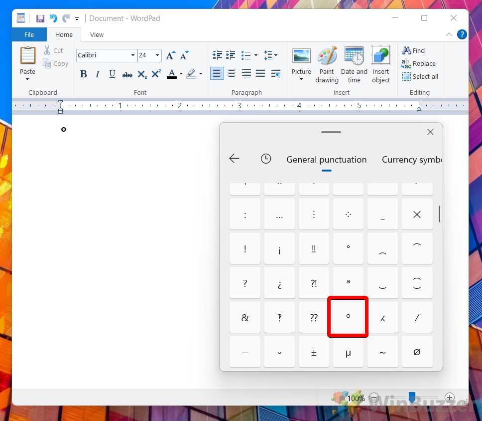 Windows 11 - Keyboard - Emoji Menu - General Puntuaction - Degree