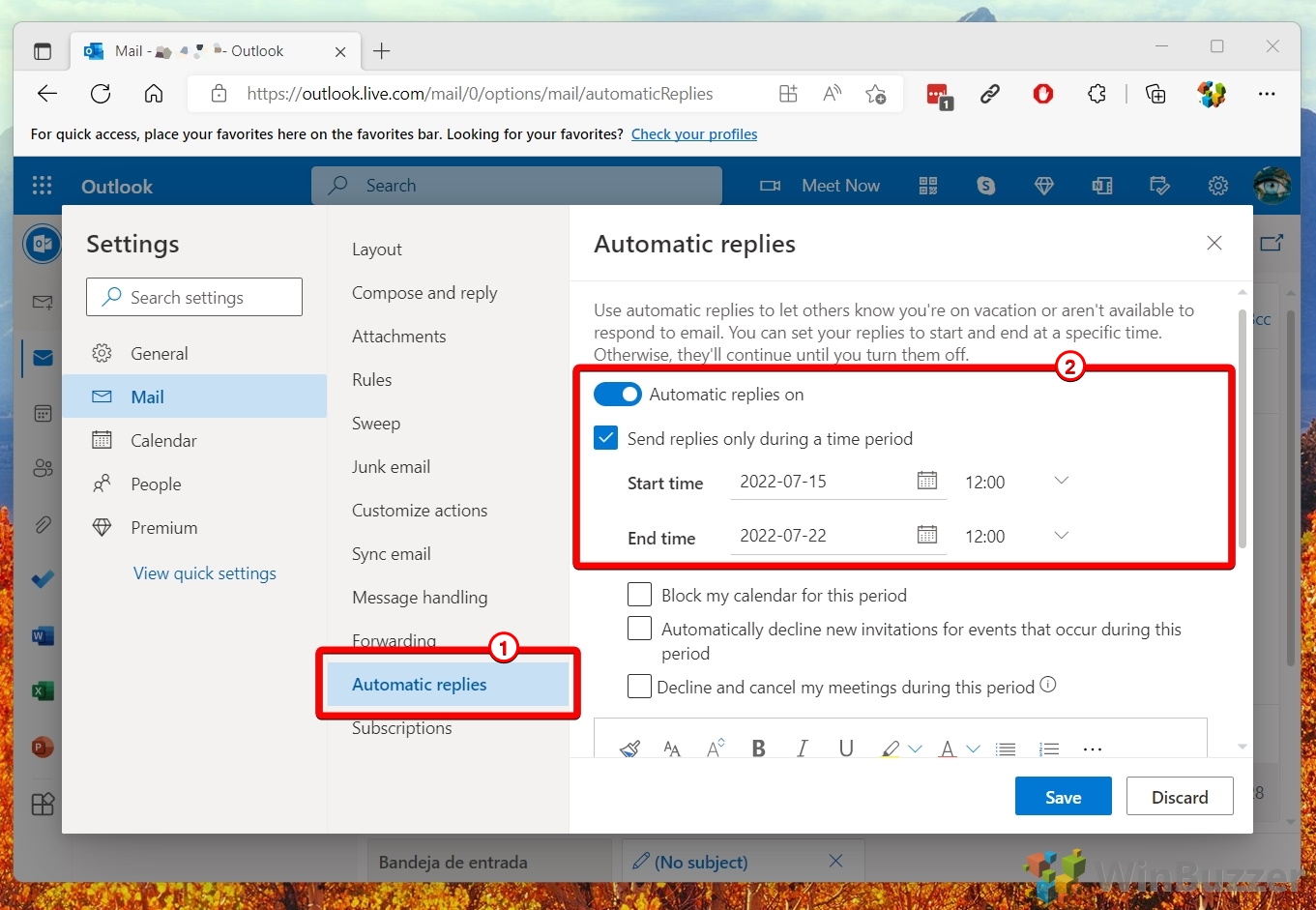 Windows 11 - Outlook.com - Settings - View All - Automatic Replies