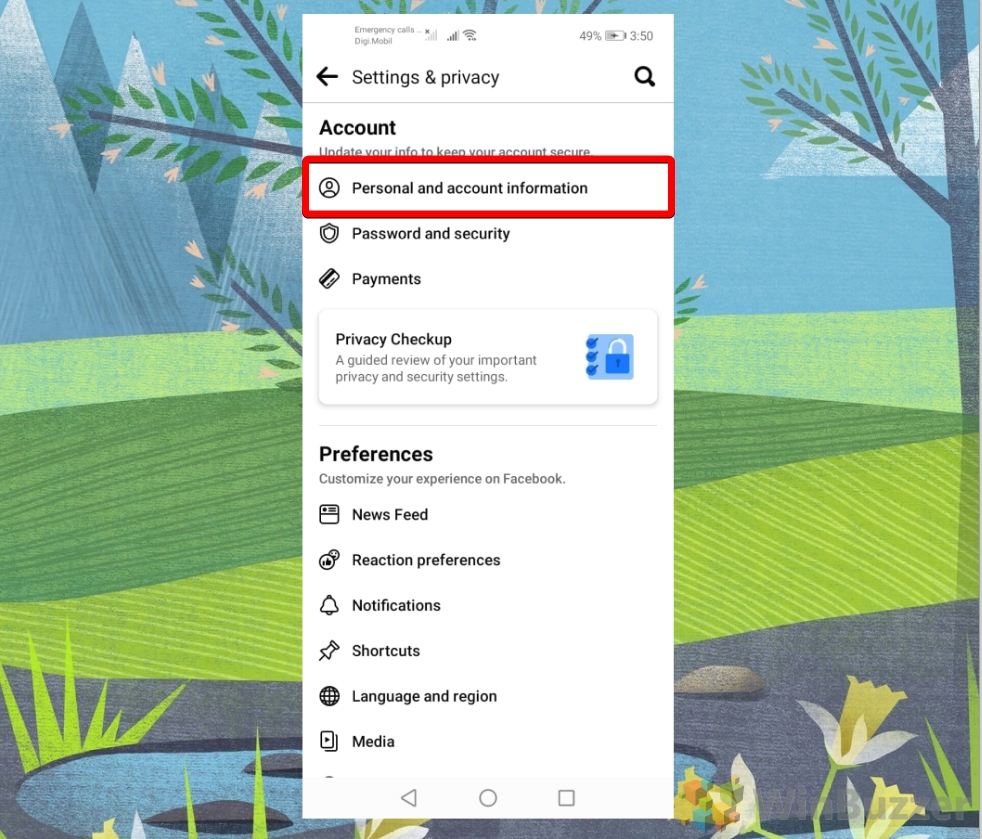 Android - Facebook - Menu Settings & Privacy - Settings - Account Info