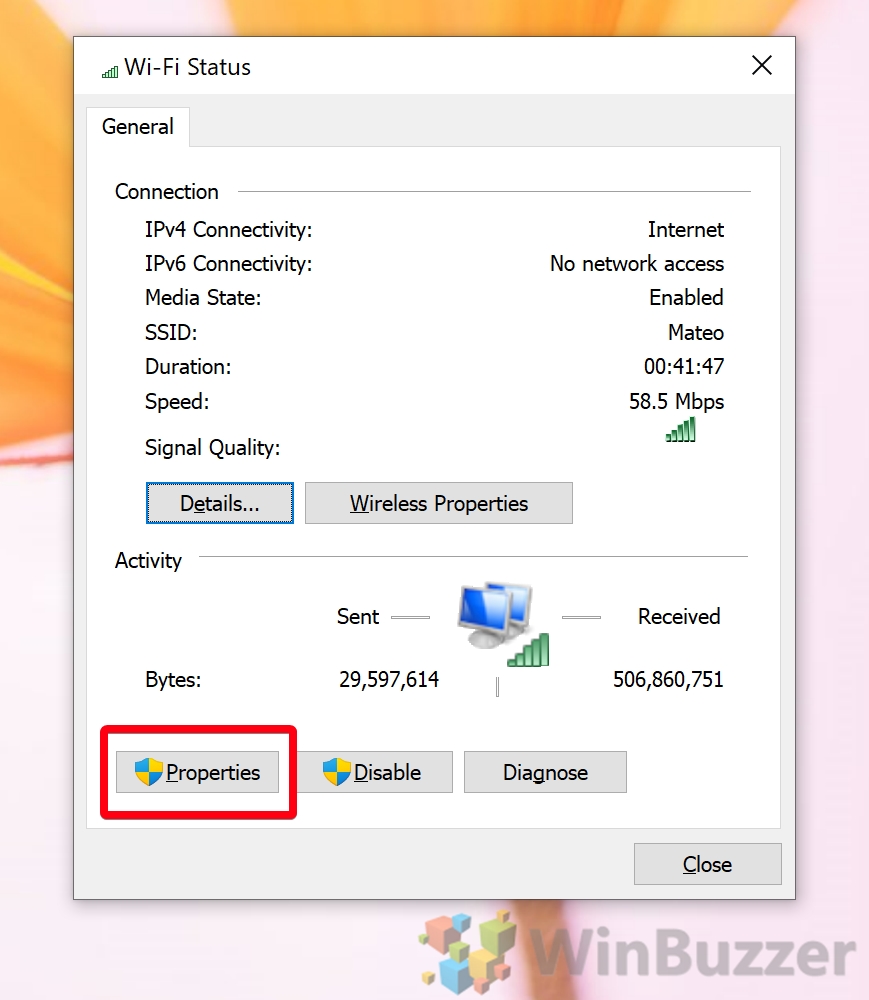 Windows 10 - Control Panel - View Network Status and Tasks - Wi-Fi Status - Properties