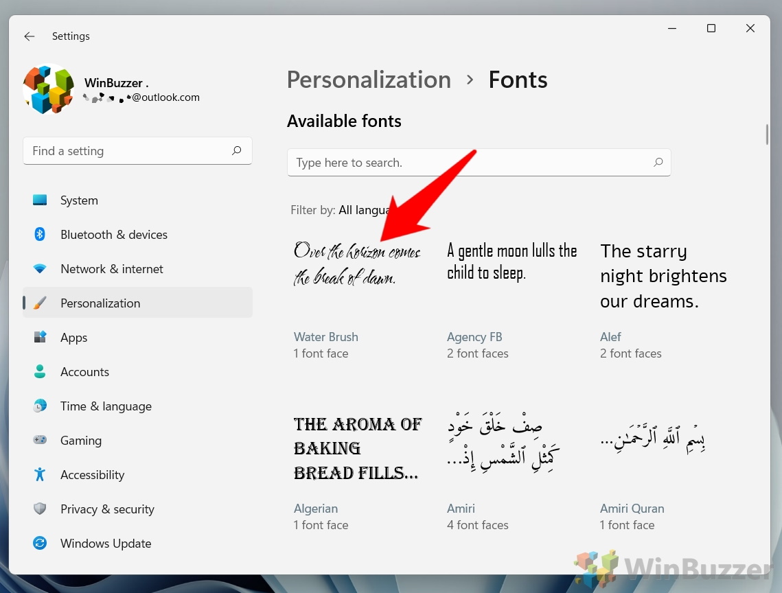 Windows 11 - Settings - Personalization - Fonts - Drag & Drop Downloaded Font - Result