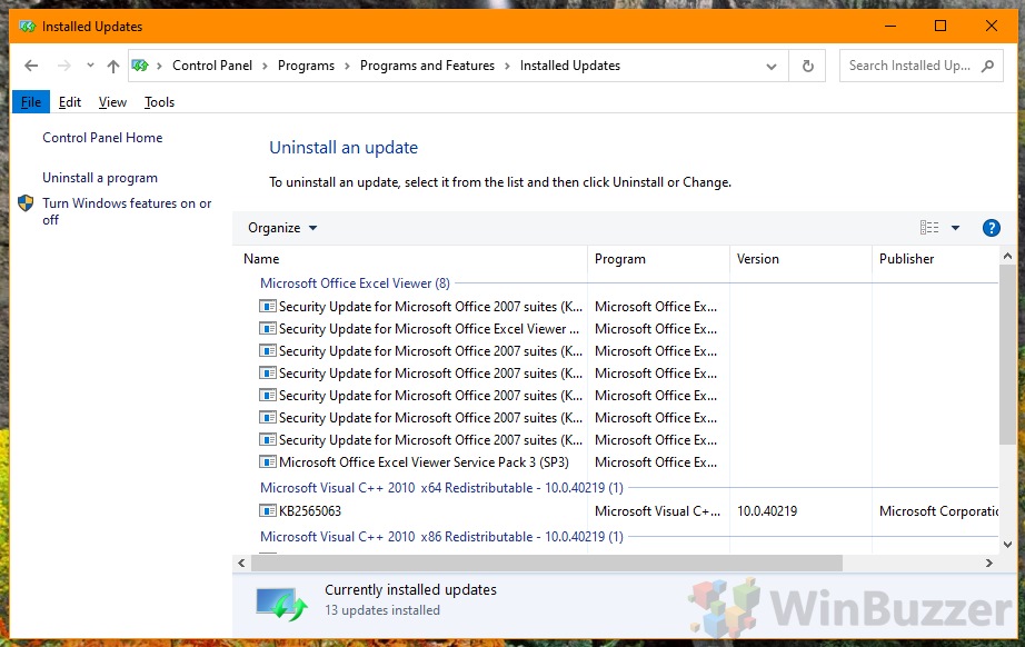 Windows 10 - Control Panel - All Control Panel Items - Programs and Features - Installed Updates -