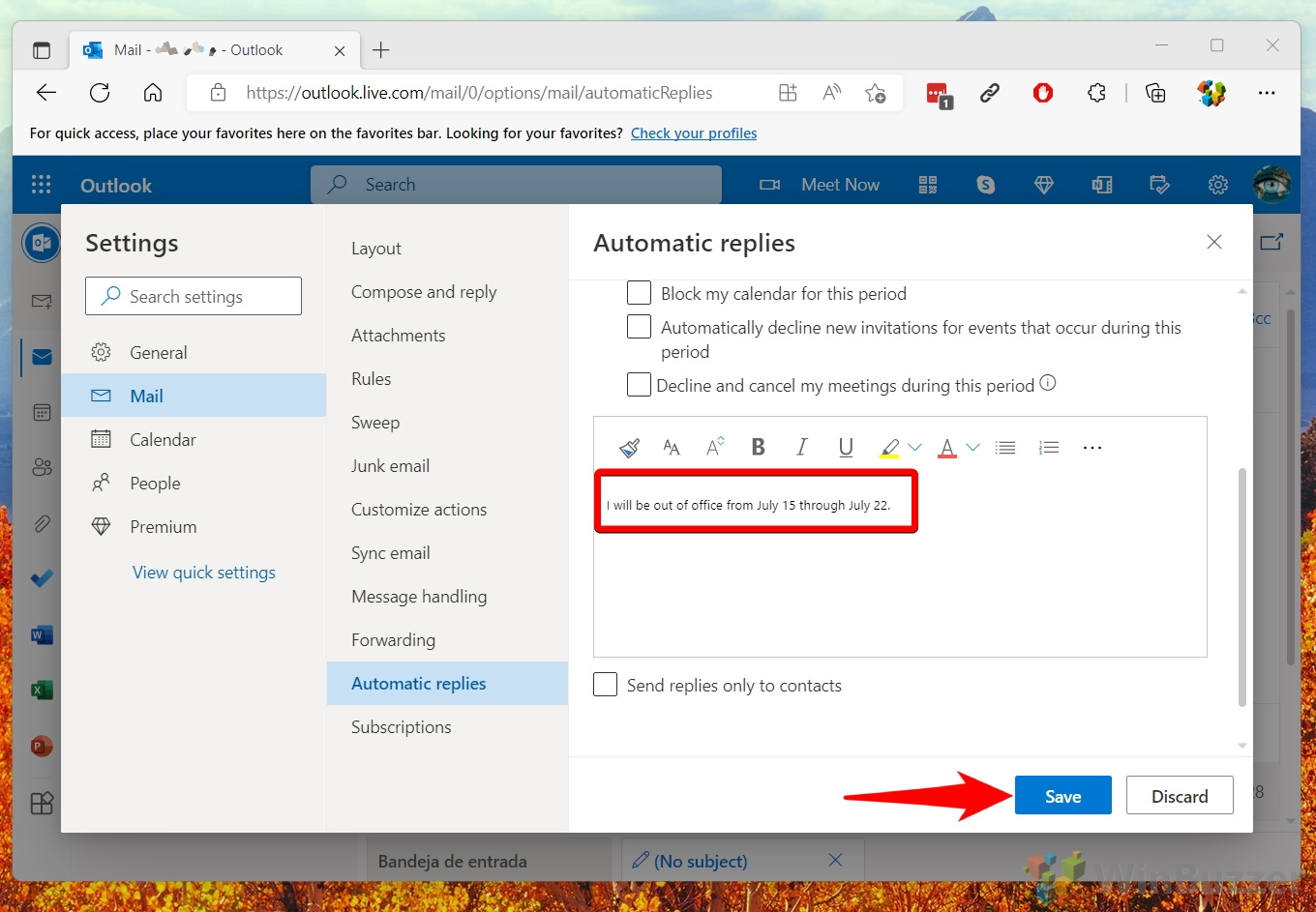 Windows 11 - Outlook.com - Settings - View All - Automatic Replies - Save