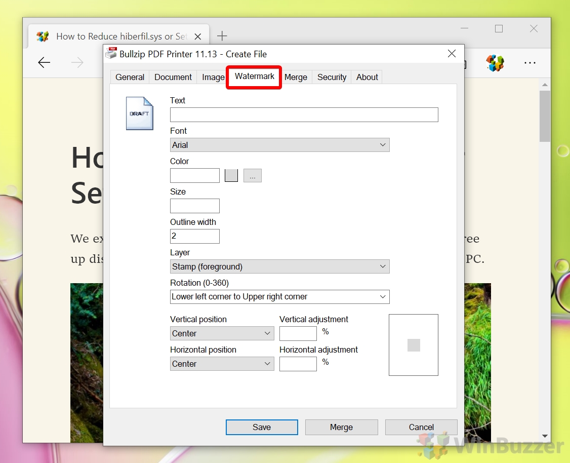 Windows 10 - Bullzip PDF Printer - Select optional Watermark