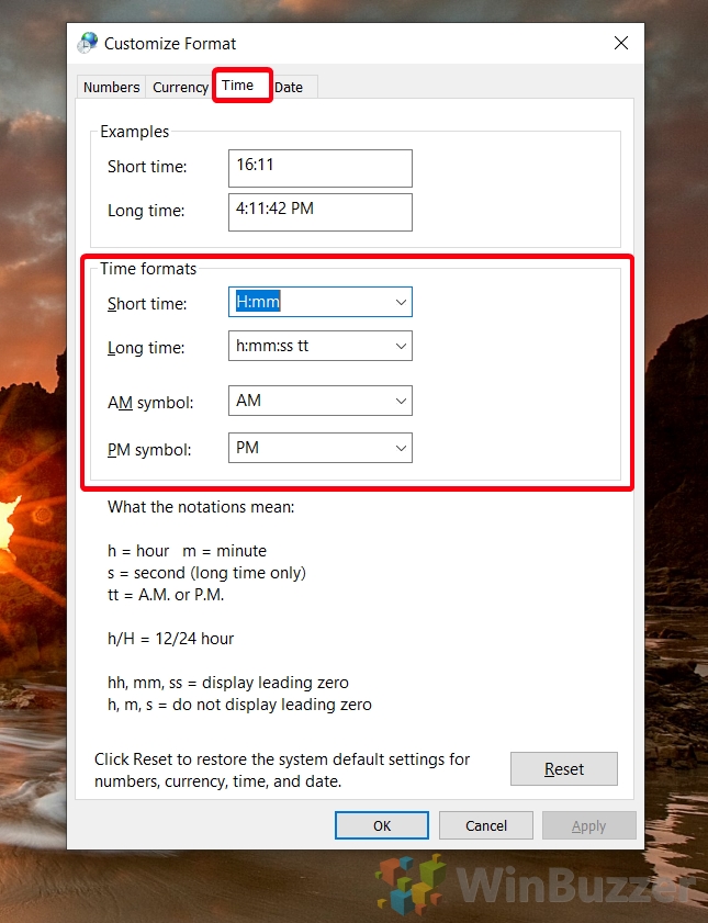 Windows 10 - Control Panel - Region -Additional Settings - Select Time Formats