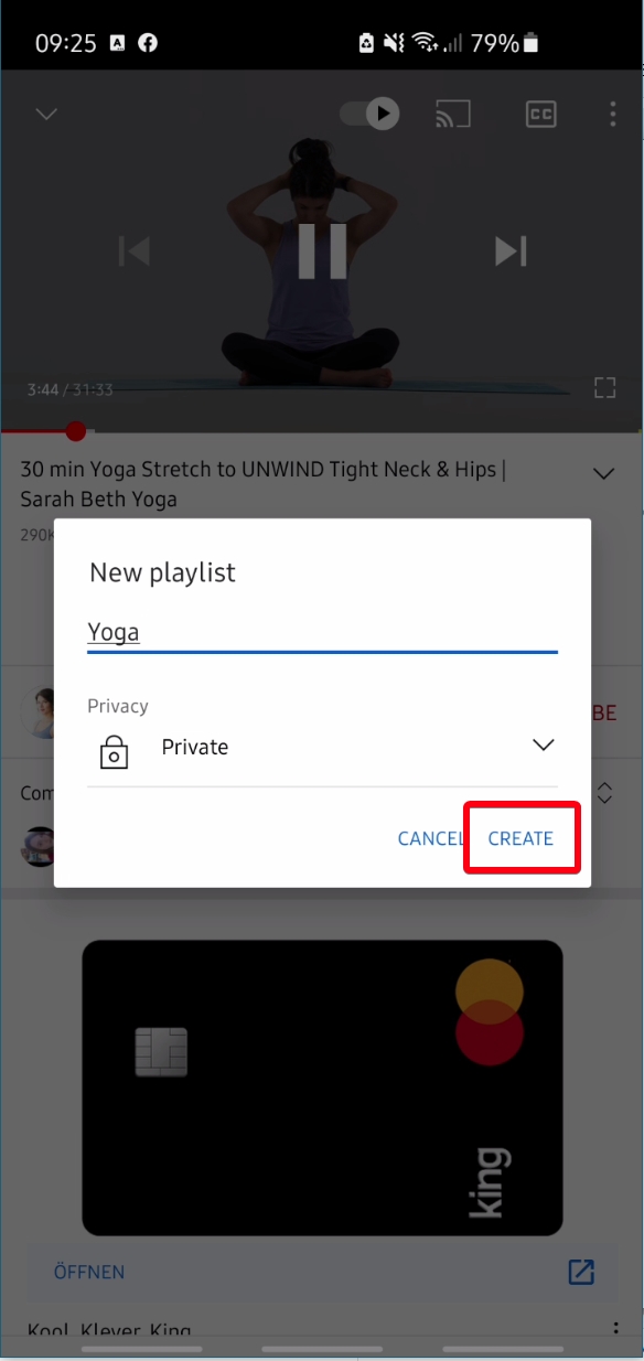 YouTube-App - Videoplayer - Save - New Playlist - Create