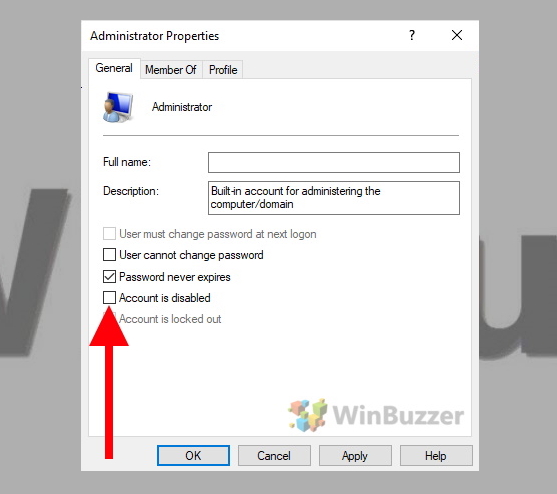Windows 10 - Computer Management - User Account - Administrator Properties