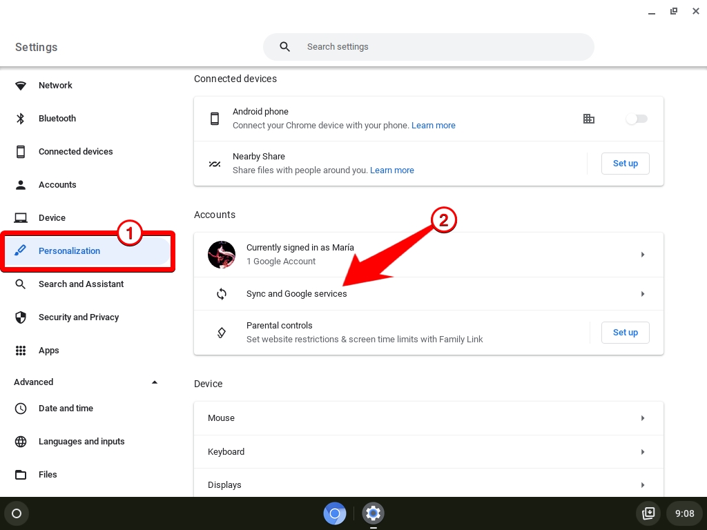 Chromebook - Time Section - Quick Settings - Personalization - Sync & Google Services