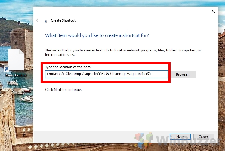 Windows 10 - create new shortcut - add command