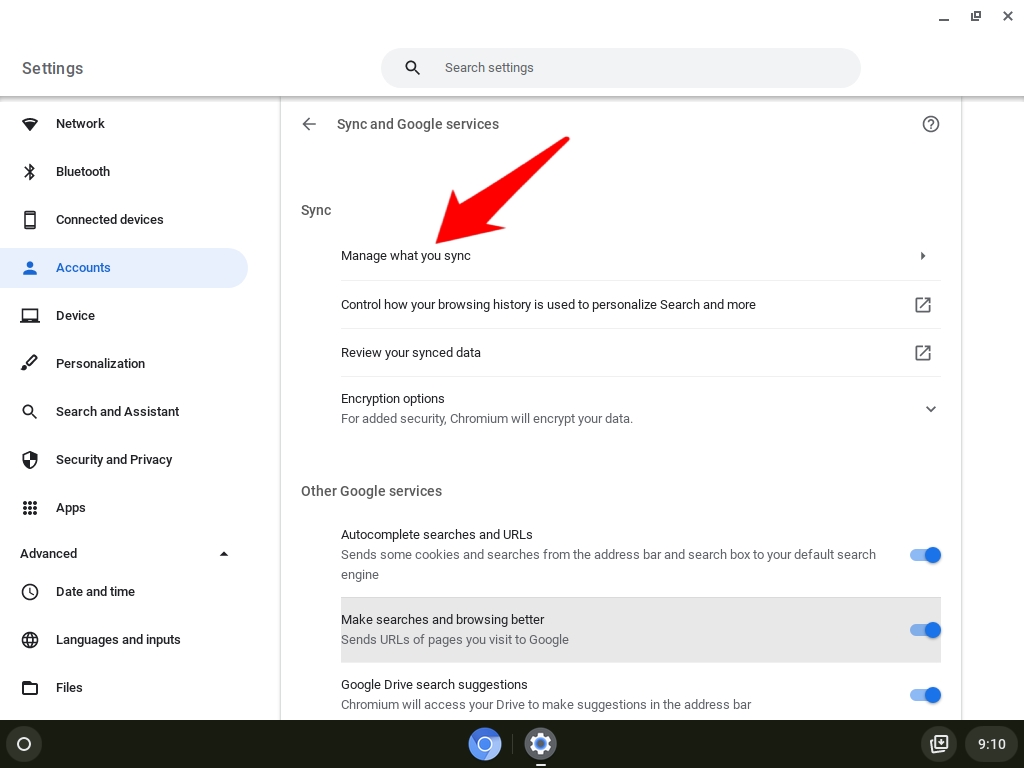 Chromebook - Time Section - Quick Settings - Personalization - Sync & Google Services - Manage What to Sync