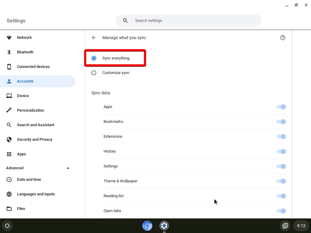 Chromebook - Time Section - Quick Settings - Personalization - Sync & Google Services - Manage What to Sync - Sync Everything
