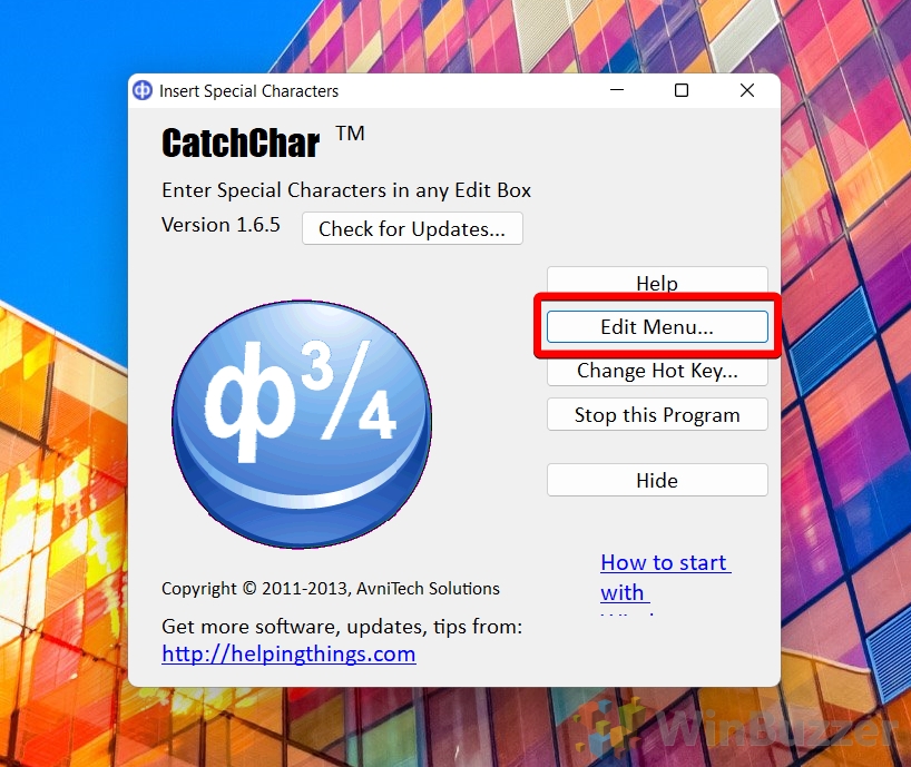 Windows 11 - CatchChar - Edit Menu