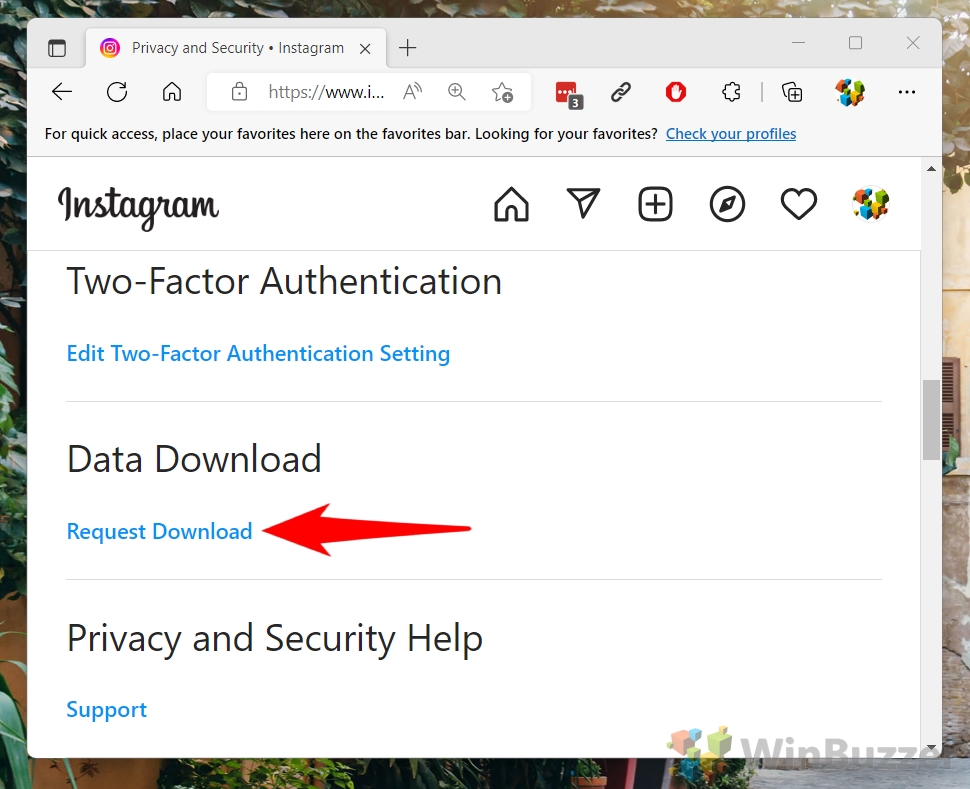 Windows 11 - Instagram - Settings - Privacy & Security - Data Download - Request