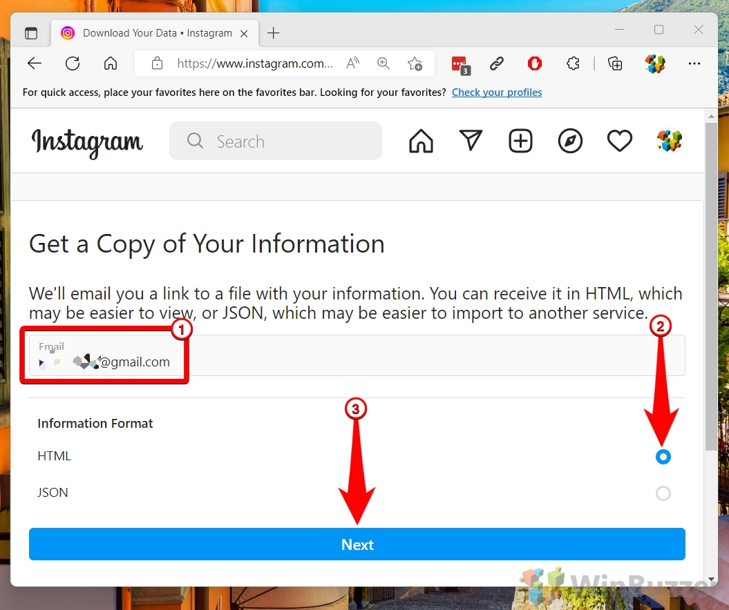 Windows 11 - Instagram - Settings - Privacy & Security - Data Download - Request - Email - Format - Next