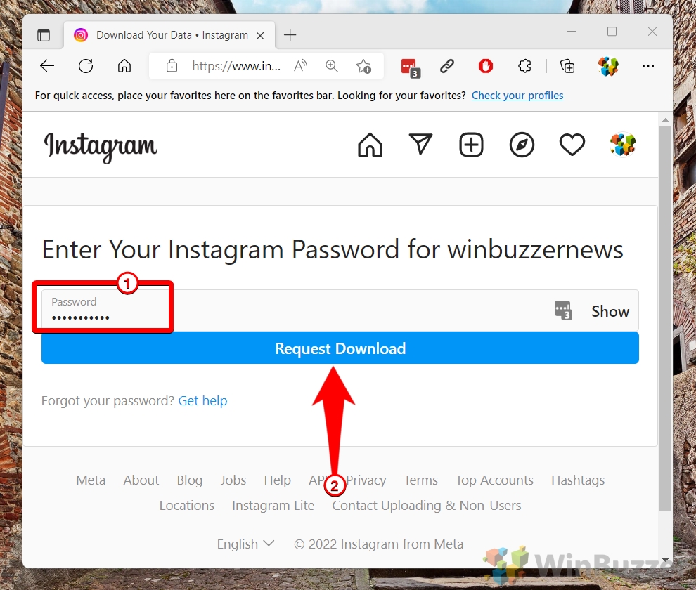 Windows 11 - Instagram - Settings - Privacy & Security - Data Download - Request - Email - Format - Password - Confirm