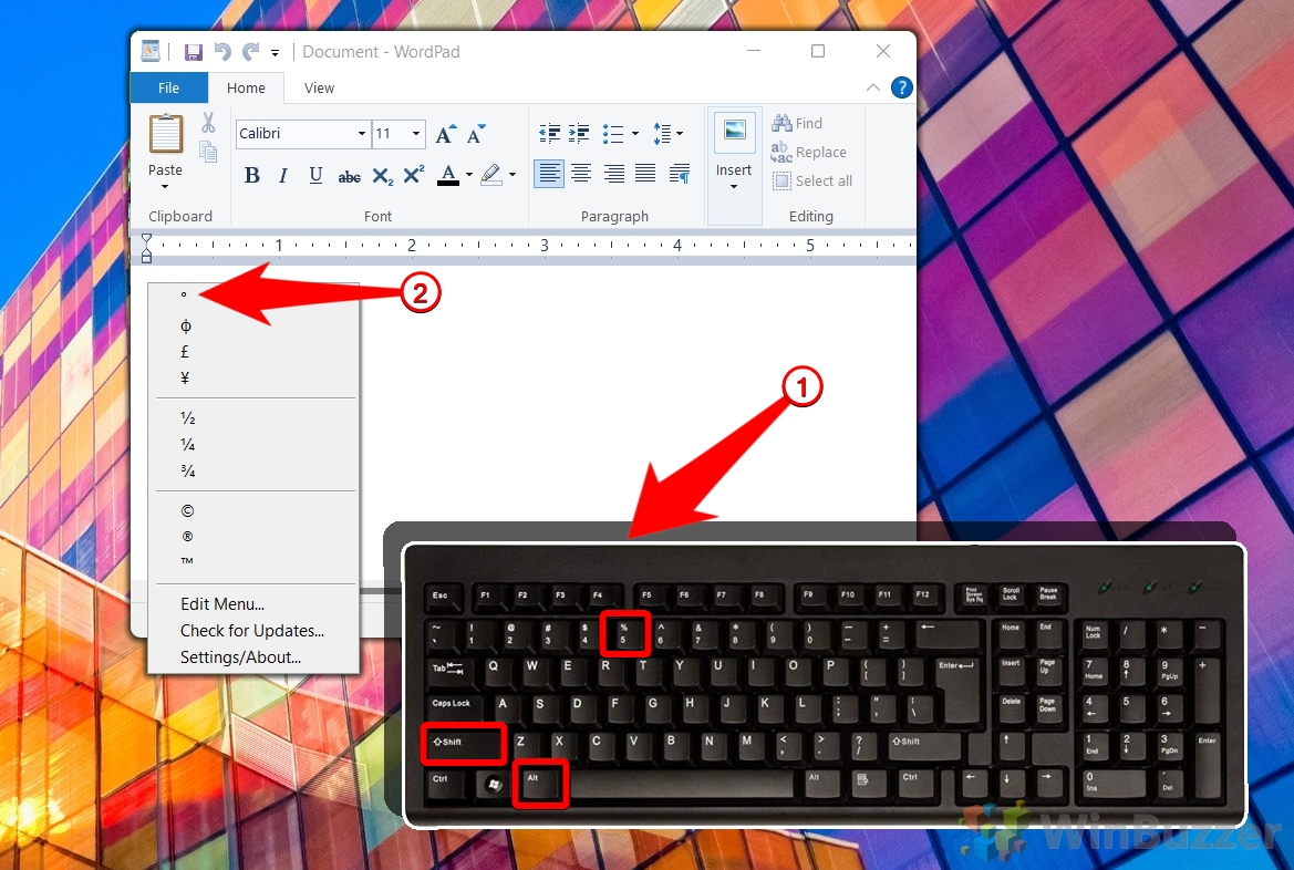 Windows 11 - Wordpad - Keyboard - Open CatchChar - Degree