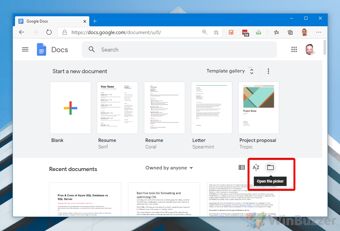 Windows 10 - Google Docs - Open DOCX