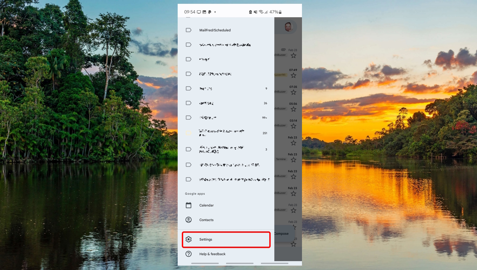 Gmail app - menu - open settings