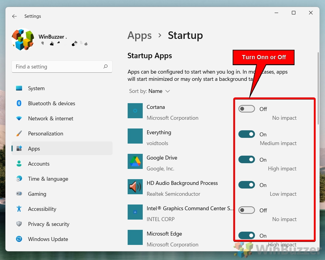 Windows 11 - Settings - Apps - Startup - Turn On or Off App
