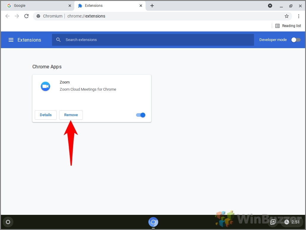 Chromebook - Google - Menu - More Tools - Extensios - Remove App