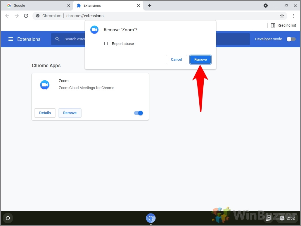 Chromebook - Google - Menu - More Tools - Extensios - Remove App - Confirmation