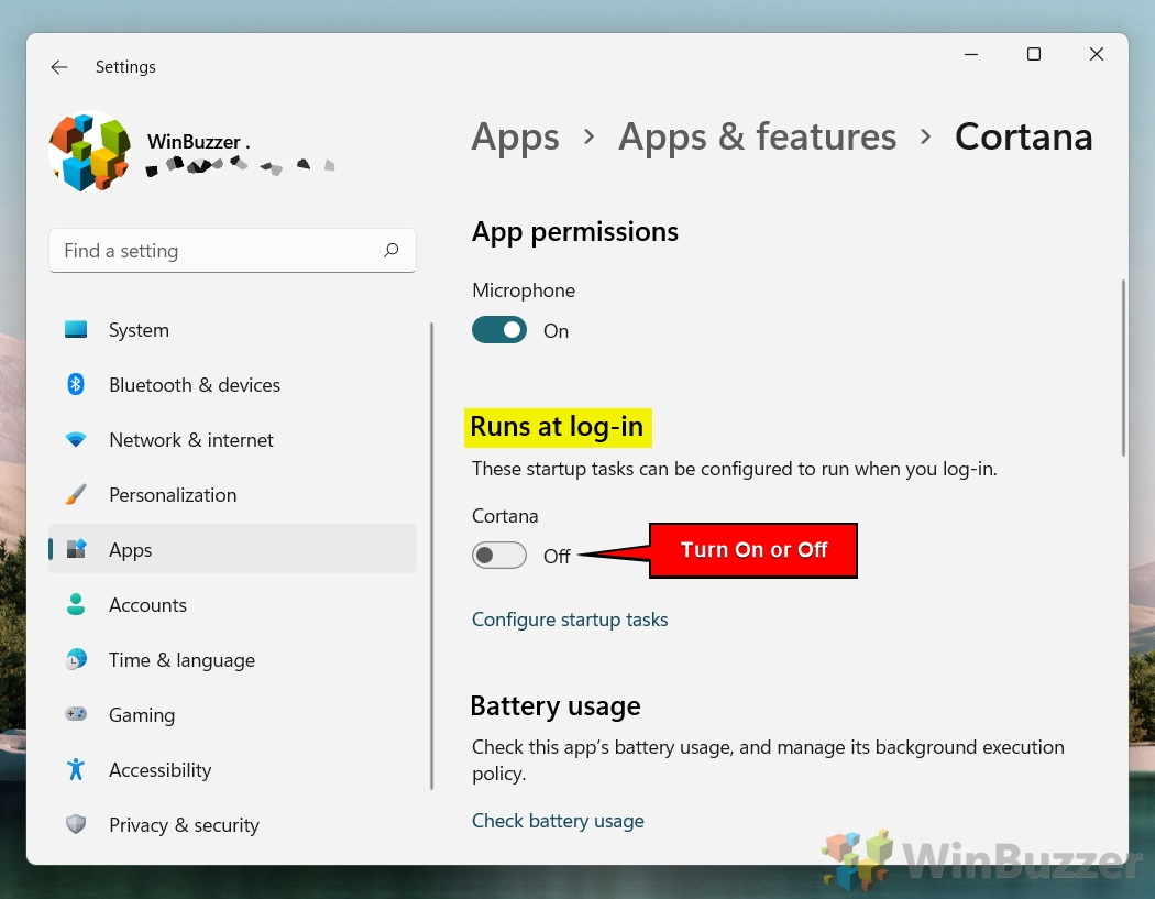 Windows 11 - Settings - Apps - Apps & Features - Cortana - Advanced Options - Runs at Log-in - Turn On or Off