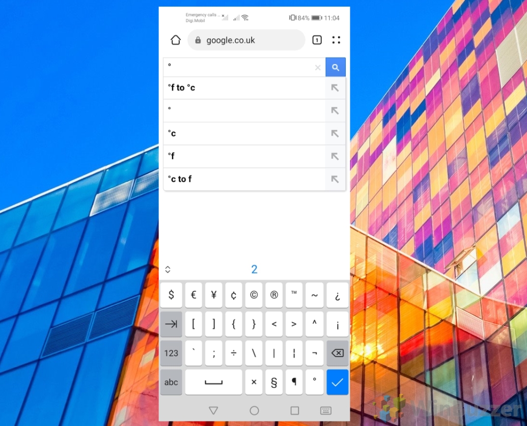 Android - Google - Keyboard - 123 - More - Symbol Degree - Result